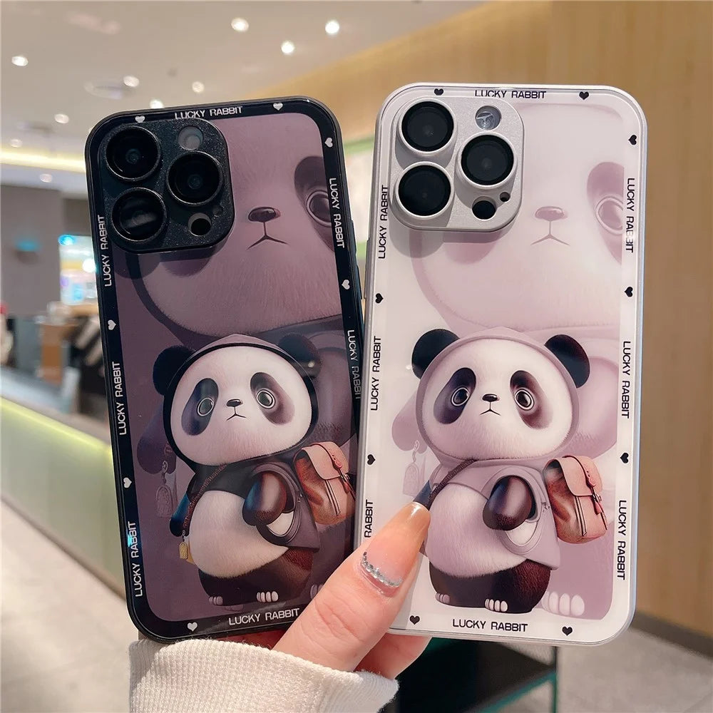 For iPhone 12 Pro Max Anti-Fingerprint Glass+TPU Phone Shell Metal Paint Edge Panda Decor Phone Case - Black - 6