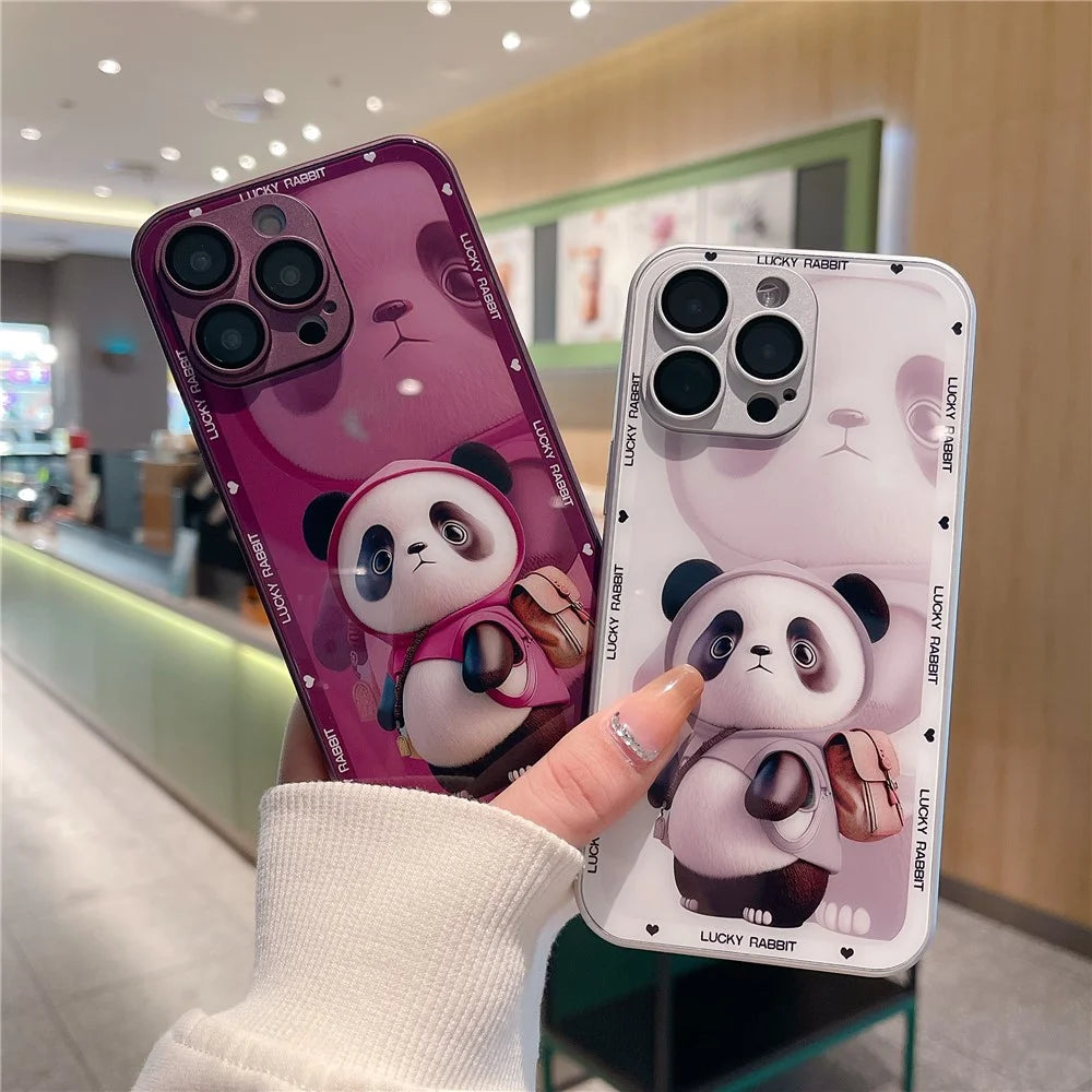 For iPhone 12 Pro Max Anti-Fingerprint Glass+TPU Phone Shell Metal Paint Edge Panda Decor Phone Case - Black - 7