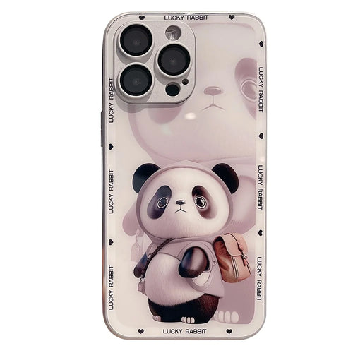 For iPhone 13 Pro Max Hard Glass+TPU Phone Cover Metal Paint Design Panda Decor Phone Case - White - 1