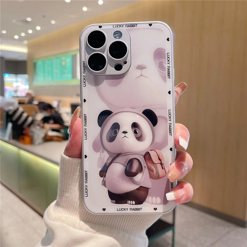 For iPhone 13 Pro Max Hard Glass+TPU Phone Cover Metal Paint Design Panda Decor Phone Case - White - 2