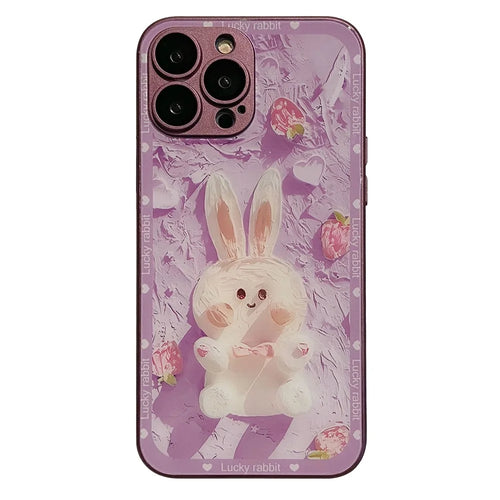 Glass+TPU Phone Case For iPhone 12 Pro Max Strawberry Rabbit Decor Metal Paint Design Phone Cover - Purple - 1