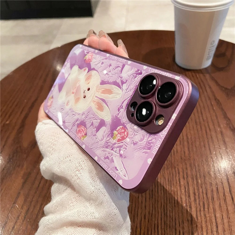 Glass+TPU Phone Case For iPhone 12 Pro Max Strawberry Rabbit Decor Metal Paint Design Phone Cover - Purple - 2