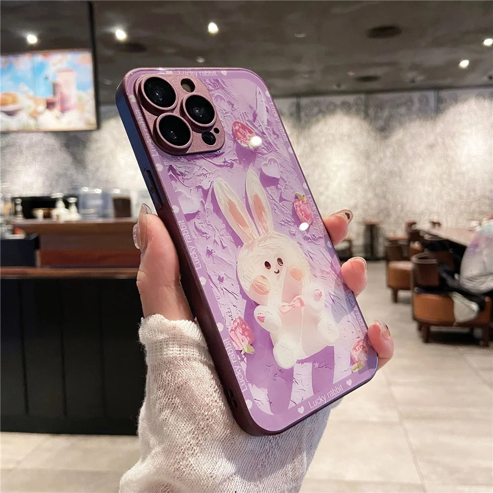 Glass+TPU Phone Case For iPhone 12 Pro Max Strawberry Rabbit Decor Metal Paint Design Phone Cover - Purple - 3