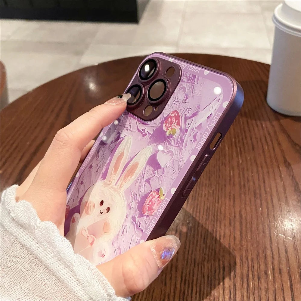 Glass+TPU Phone Case For iPhone 12 Pro Max Strawberry Rabbit Decor Metal Paint Design Phone Cover - Purple - 4