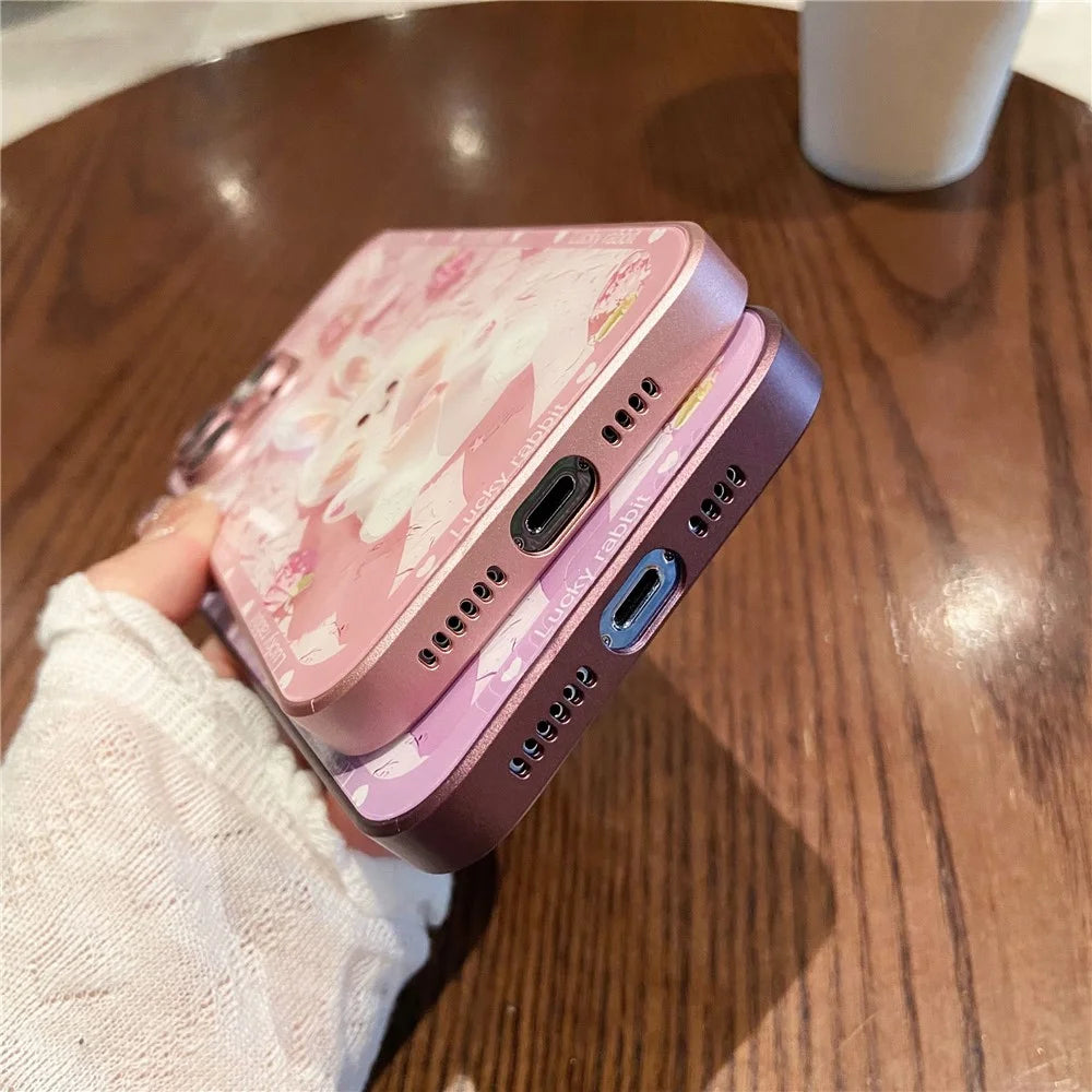 Glass+TPU Phone Case For iPhone 12 Pro Max Strawberry Rabbit Decor Metal Paint Design Phone Cover - Purple - 7