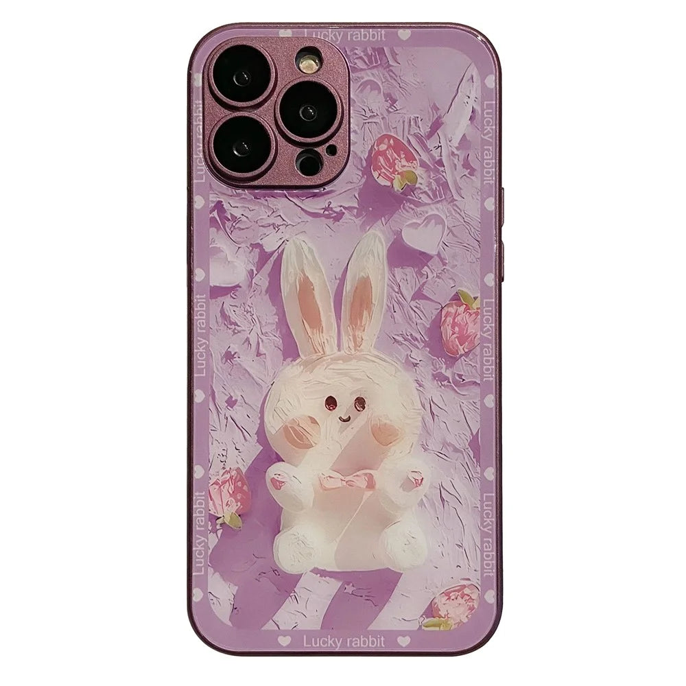 For iPhone 13 Pro Max Glass+TPU Phone Case Strawberry Rabbit Decor Metal Paint Design Phone Cover Shell - Purple - 1