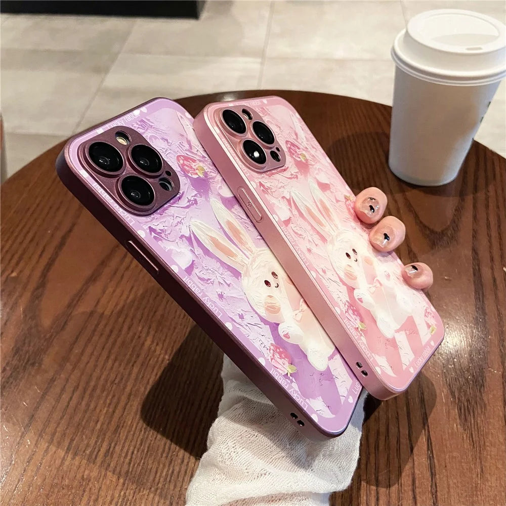 For iPhone 13 Pro Max Glass+TPU Phone Case Strawberry Rabbit Decor Metal Paint Design Phone Cover Shell - Purple - 5
