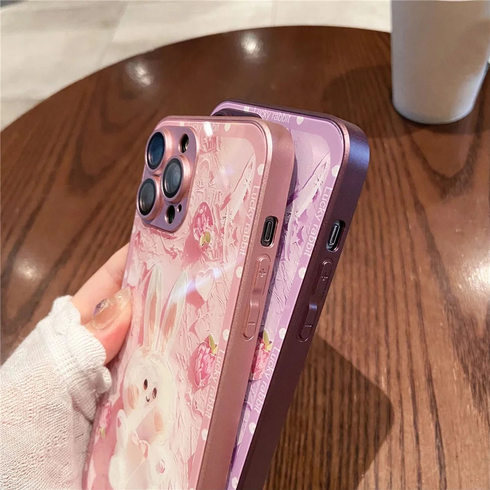 For iPhone 13 Pro Max Glass+TPU Phone Case Strawberry Rabbit Decor Metal Paint Design Phone Cover Shell - Purple - 6