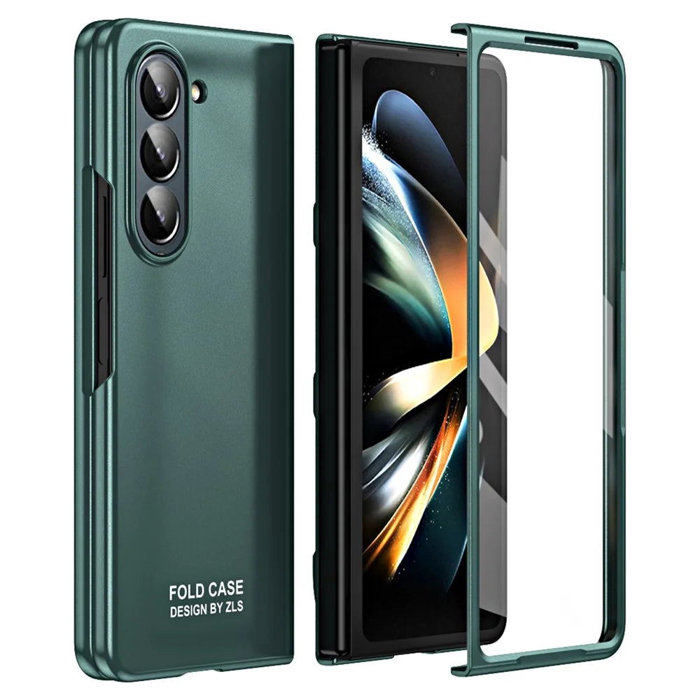 For Samsung Galaxy Z Fold5 5G Phone Case Hard PC Scratch Resistant Cover with Tempered Glass Film - Green - 1