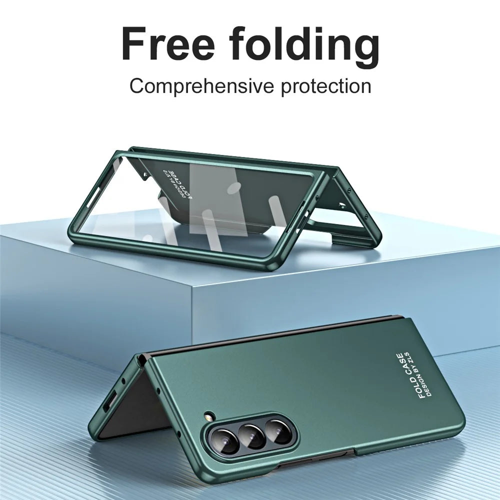 For Samsung Galaxy Z Fold5 5G Phone Case Hard PC Scratch Resistant Cover with Tempered Glass Film - Green - 3