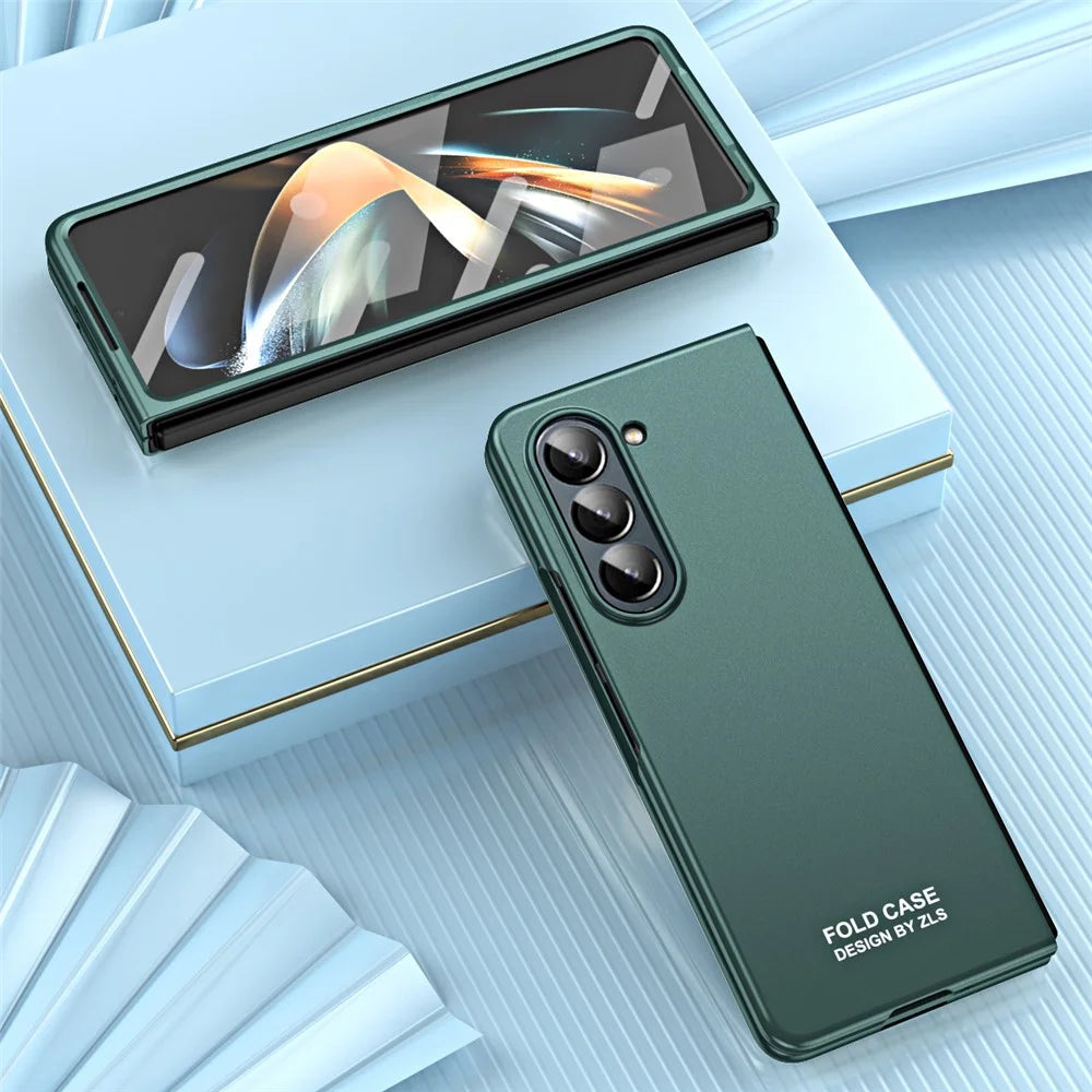 For Samsung Galaxy Z Fold5 5G Phone Case Hard PC Scratch Resistant Cover with Tempered Glass Film - Green - 5