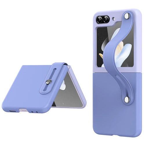 For Samsung Galaxy Z Flip5 5G Contrast Color PU Leather Coated PC Phone Case Hand Strap Kickstand Cover - Sky Blue Light Purple - 1