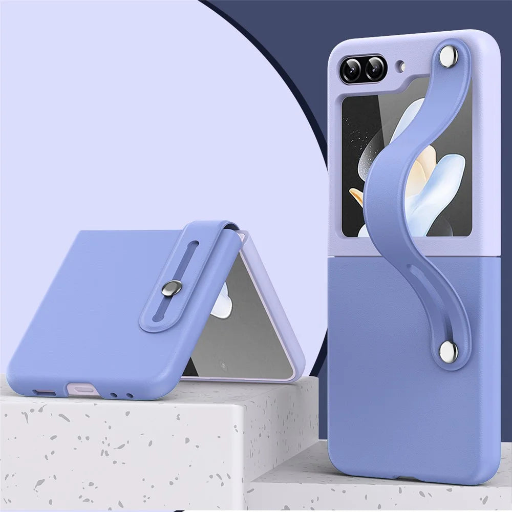 For Samsung Galaxy Z Flip5 5G Contrast Color PU Leather Coated PC Phone Case Hand Strap Kickstand Cover - Sky Blue Light Purple - 2