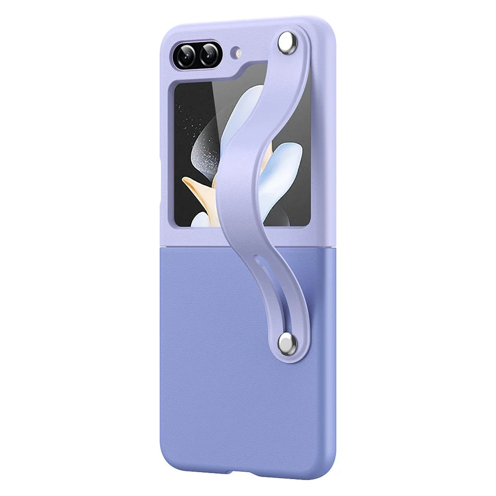 For Samsung Galaxy Z Flip5 5G Contrast Color PU Leather Coated PC Phone Case Hand Strap Kickstand Cover - Sky Blue Light Purple - 3