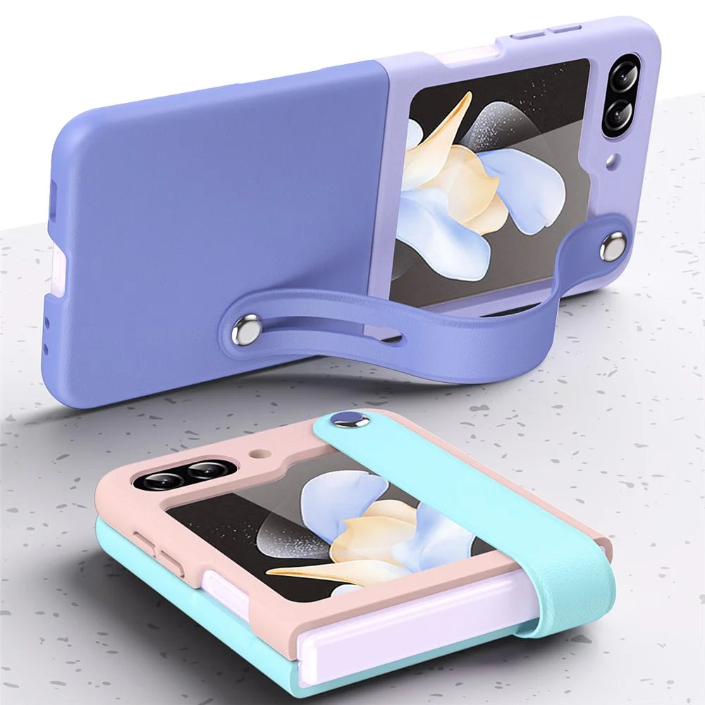 For Samsung Galaxy Z Flip5 5G Contrast Color PU Leather Coated PC Phone Case Hand Strap Kickstand Cover - Sky Blue Light Purple - 4