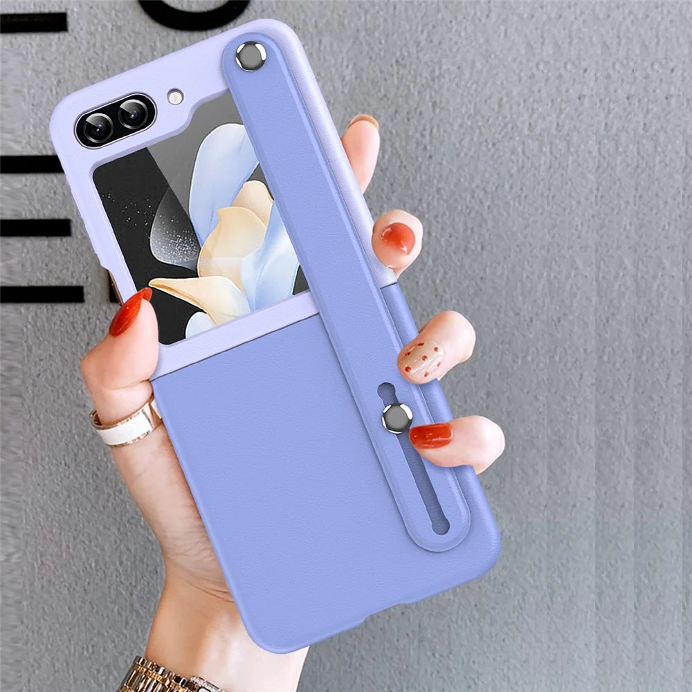 For Samsung Galaxy Z Flip5 5G Contrast Color PU Leather Coated PC Phone Case Hand Strap Kickstand Cover - Sky Blue Light Purple - 5