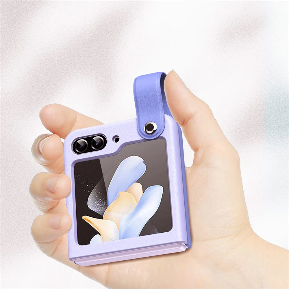 For Samsung Galaxy Z Flip5 5G Contrast Color PU Leather Coated PC Phone Case Hand Strap Kickstand Cover - Sky Blue Light Purple - 7