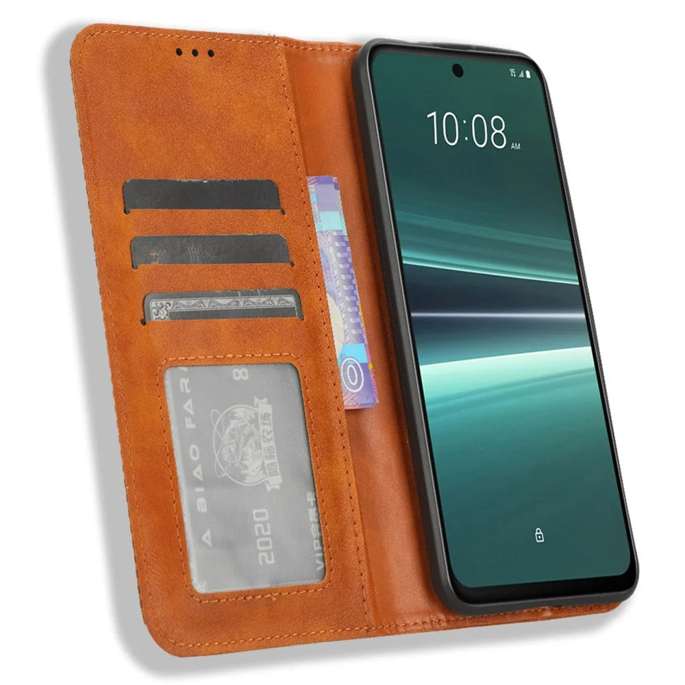 For HTC U23 Pro 5G Shockproof Phone Shell PU Leather Retro Phone Case Shockproof Stand Wallet Cover - Brown - 2