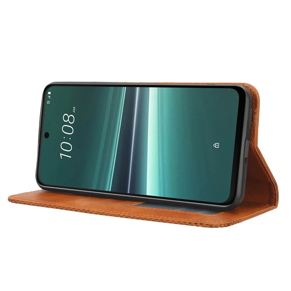 For HTC U23 Pro 5G Shockproof Phone Shell PU Leather Retro Phone Case Shockproof Stand Wallet Cover - Brown - 3