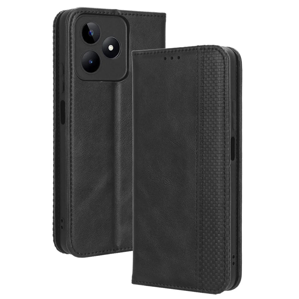 For Realme C53 (Global) / C53 (India) / C51 / Note 50 4G / Narzo N53 4G PU Leather Retro Phone Case Shockproof Stand Wallet Cover - Black - 1