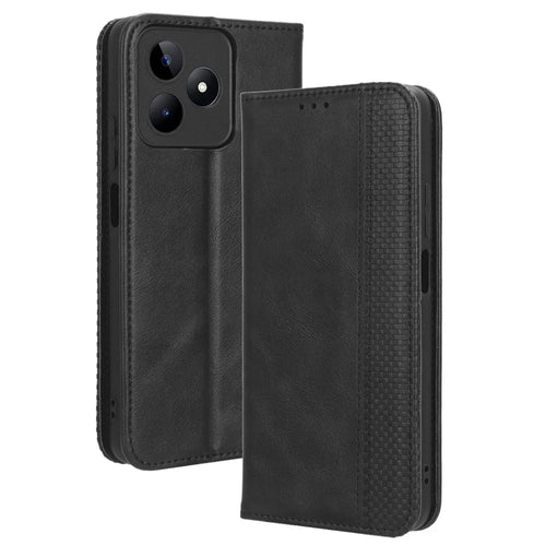 For Realme C53 (Global) / C53 (India) / C51 / Note 50 4G / Narzo N53 4G PU Leather Retro Phone Case Shockproof Stand Wallet Cover - Black - 1