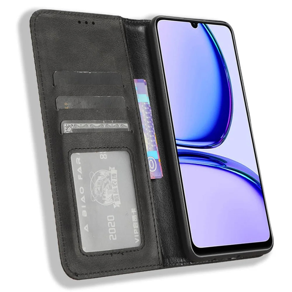 For Realme C53 (Global) / C53 (India) / C51 / Note 50 4G / Narzo N53 4G PU Leather Retro Phone Case Shockproof Stand Wallet Cover - Black - 2