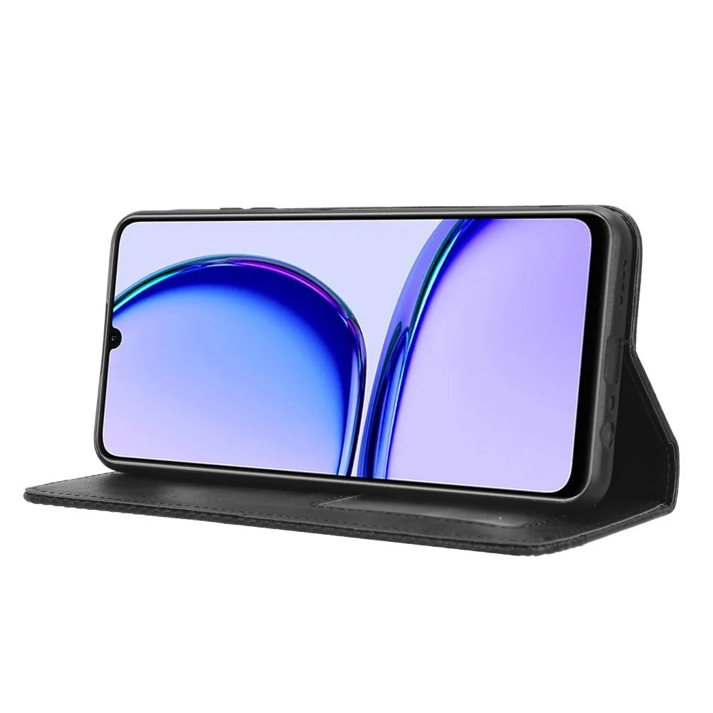 For Realme C53 (Global) / C53 (India) / C51 / Note 50 4G / Narzo N53 4G PU Leather Retro Phone Case Shockproof Stand Wallet Cover - Black - 3