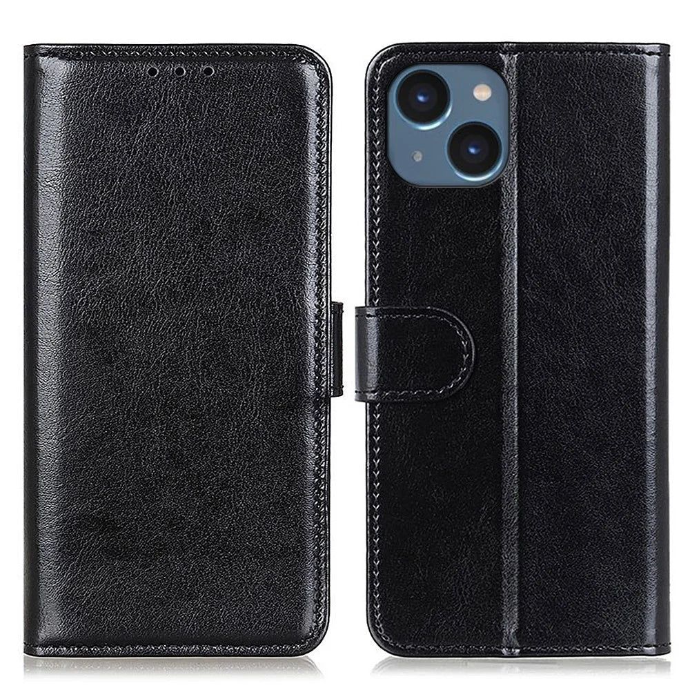 For iPhone 15 Plus Wallet Phone Cover Crazy Horse Texture Flip Wallet Case PU Leather Stand Phone Shell - Black - 1
