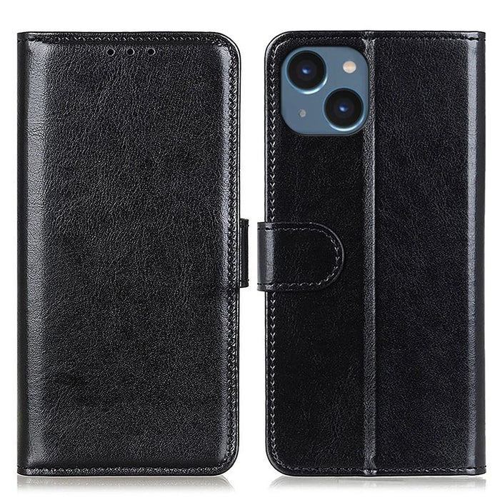 For iPhone 15 Plus Wallet Phone Cover Crazy Horse Texture Flip Wallet Case PU Leather Stand Phone Shell - Black - 1