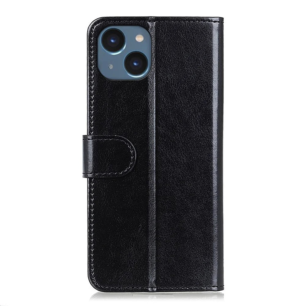 For iPhone 15 Plus Wallet Phone Cover Crazy Horse Texture Flip Wallet Case PU Leather Stand Phone Shell - Black - 7