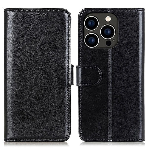 For iPhone 15 Pro Crazy Horse Texture Flip Wallet Case PU Leather Stand Phone Cover - Black - 1