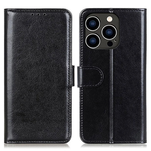 For iPhone 15 Pro Crazy Horse Texture Flip Wallet Case PU Leather Stand Phone Cover - Black - 1