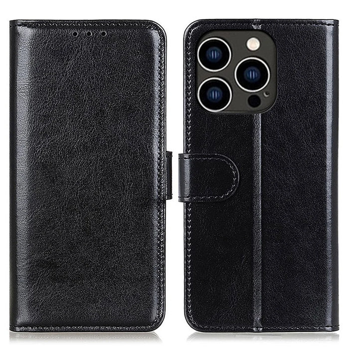For iPhone 15 Pro Crazy Horse Texture Flip Wallet Case PU Leather Stand Phone Cover - Black - 1