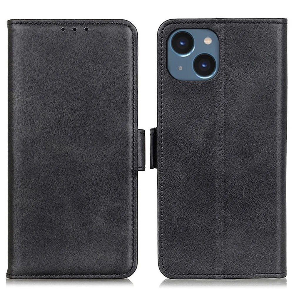 For iPhone 15 Cowhide Texture Full Protection Cover PU Leather Wallet Stand Cell Phone Case - Black - 1