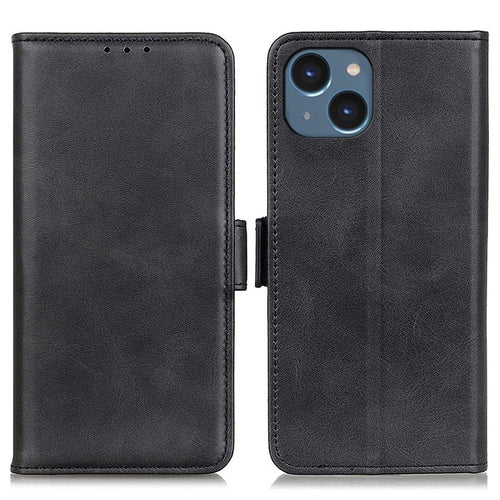 For iPhone 15 Cowhide Texture Full Protection Cover PU Leather Wallet Stand Cell Phone Case - Black - 1