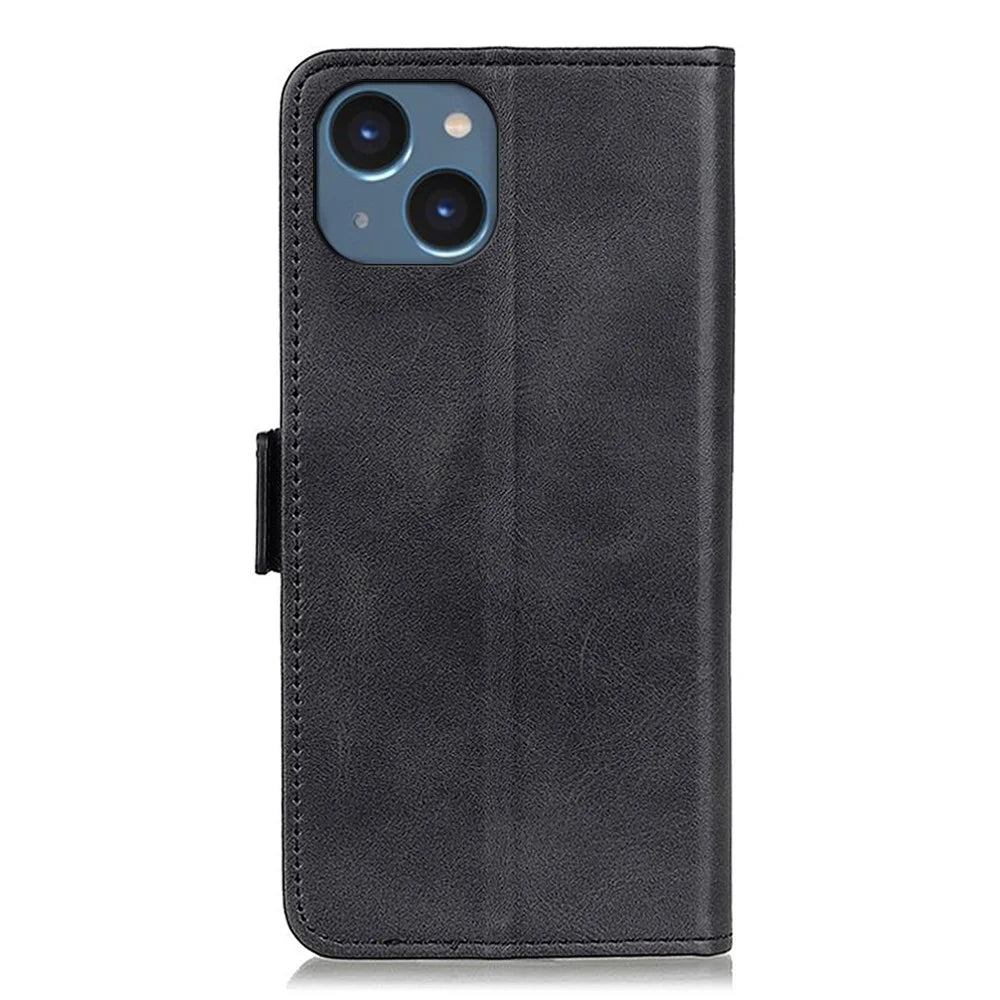 For iPhone 15 Cowhide Texture Full Protection Cover PU Leather Wallet Stand Cell Phone Case - Black - 7
