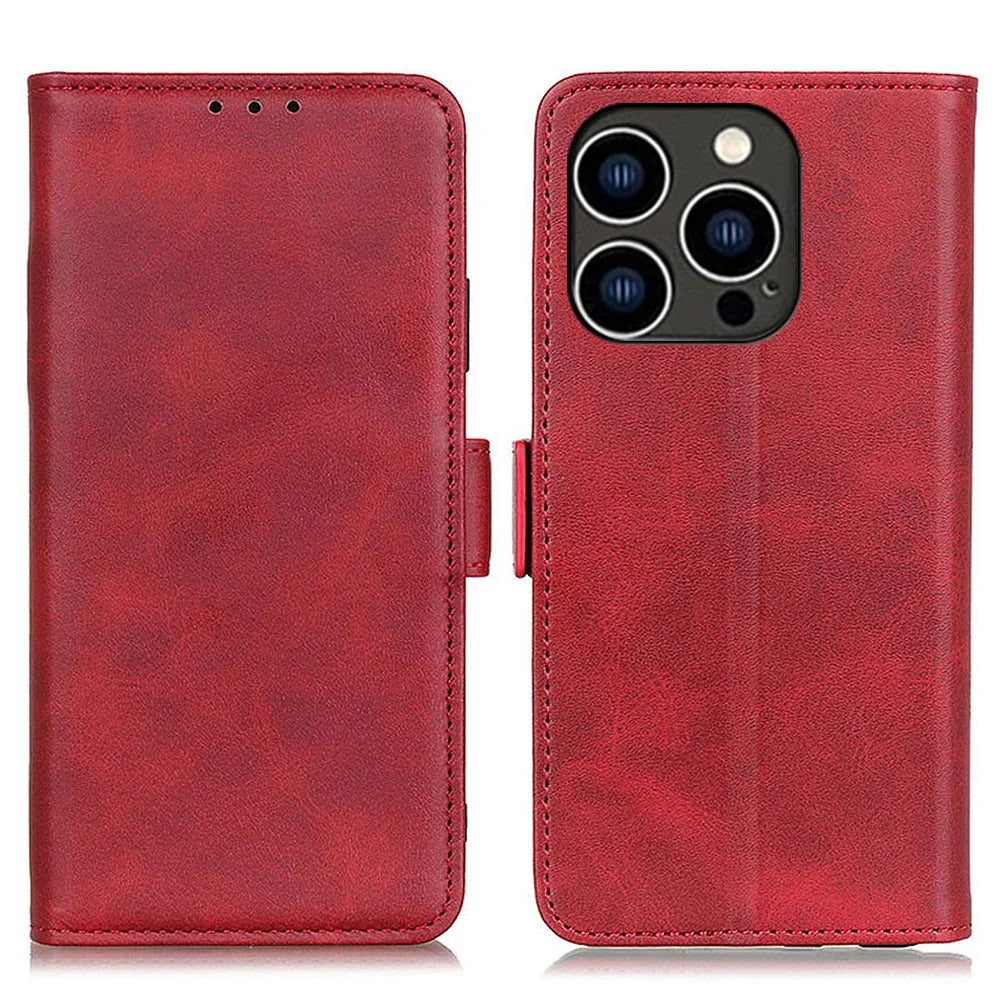 For iPhone 15 Pro Max Full Protection Cover PU Leather Wallet Stand Cowhide Texture Cell Phone Case - Red - 1