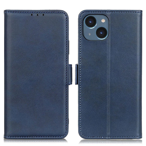 For iPhone 15 Plus Anti-Dust Stand Phone Case Cowhide Texture PU Leather Wallet Cover - Blue - 1