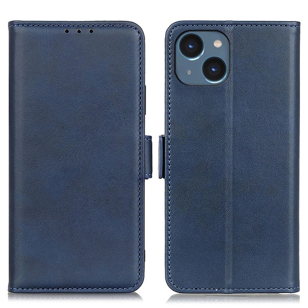 For iPhone 15 Plus Anti-Dust Stand Phone Case Cowhide Texture PU Leather Wallet Cover - Blue - 1
