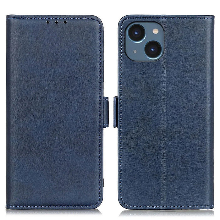 For iPhone 15 Plus Anti-Dust Stand Phone Case Cowhide Texture PU Leather Wallet Cover - Blue - 1