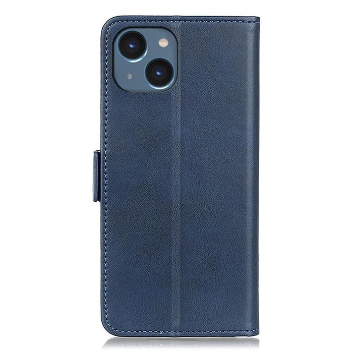 For iPhone 15 Plus Anti-Dust Stand Phone Case Cowhide Texture PU Leather Wallet Cover - Blue - 7