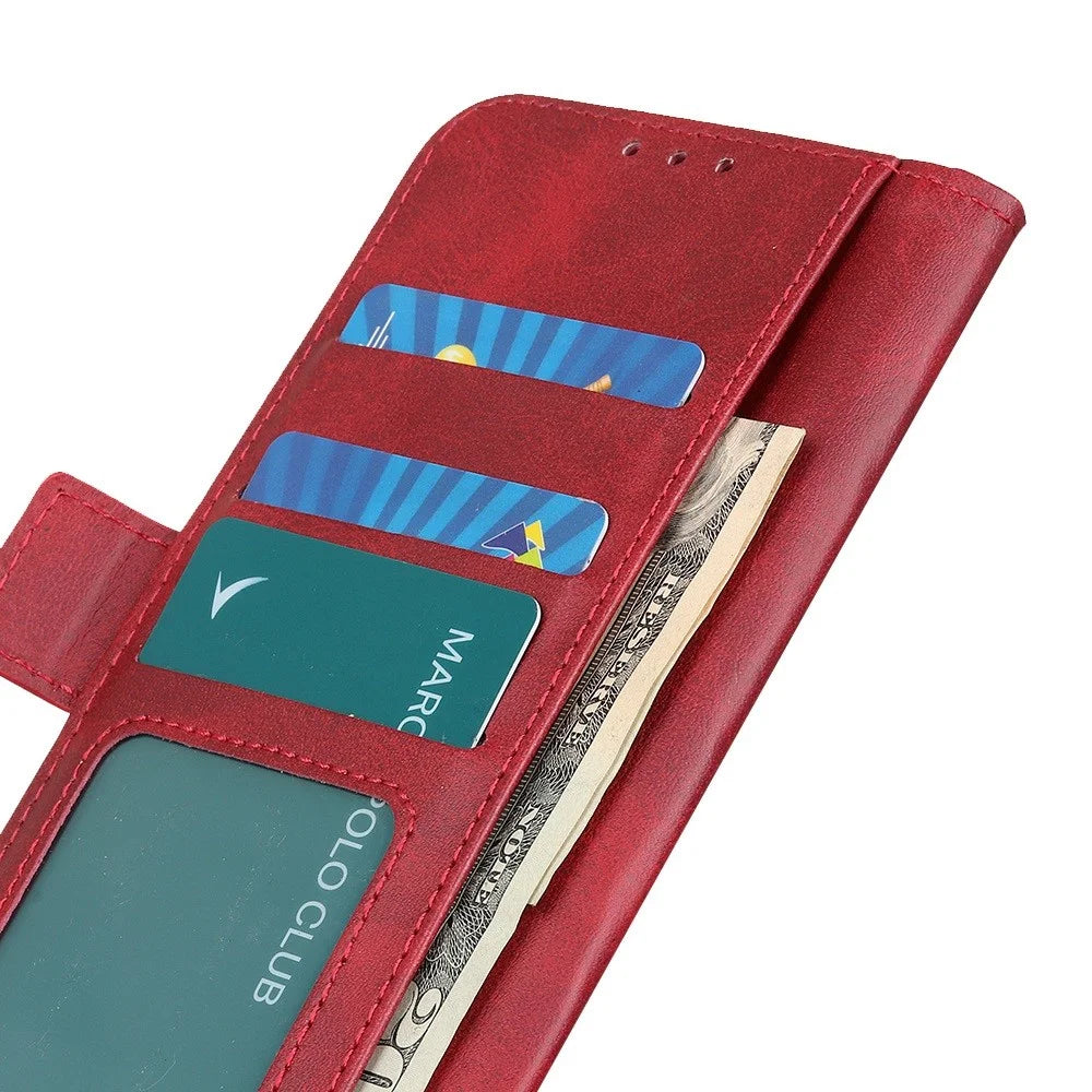 For iPhone 15 Pro Wallet Stand Phone Case Cowhide Texture Full Protection PU Leather Cover Shell - Red - 4