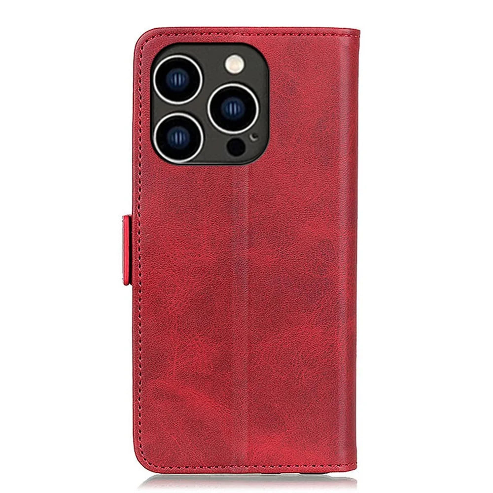 For iPhone 15 Pro Wallet Stand Phone Case Cowhide Texture Full Protection PU Leather Cover Shell - Red - 7