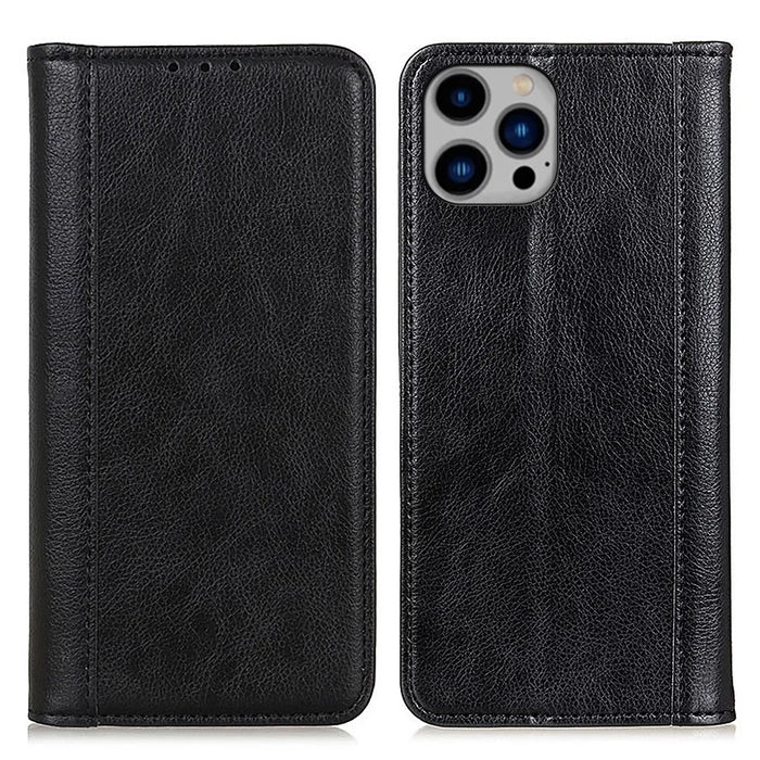 For iPhone 15 Pro Split Leather Phone Cover Wallet Litchi Texture Magnetic Closure Cell Phone Case - Black - 1