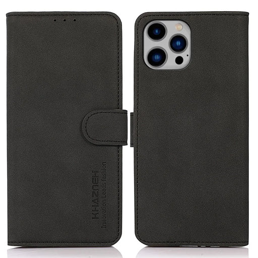 KHAZNEH For iPhone 15 Pro Max Shockproof Phone Cover Textured PU Leather Phone Case Flip Wallet Stand Shell - Black - 1