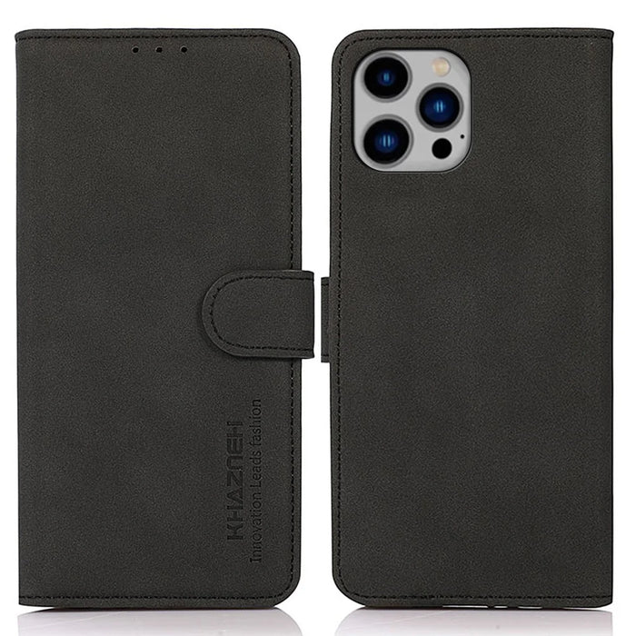 KHAZNEH For iPhone 15 Pro Max Shockproof Phone Cover Textured PU Leather Phone Case Flip Wallet Stand Shell - Black - 1