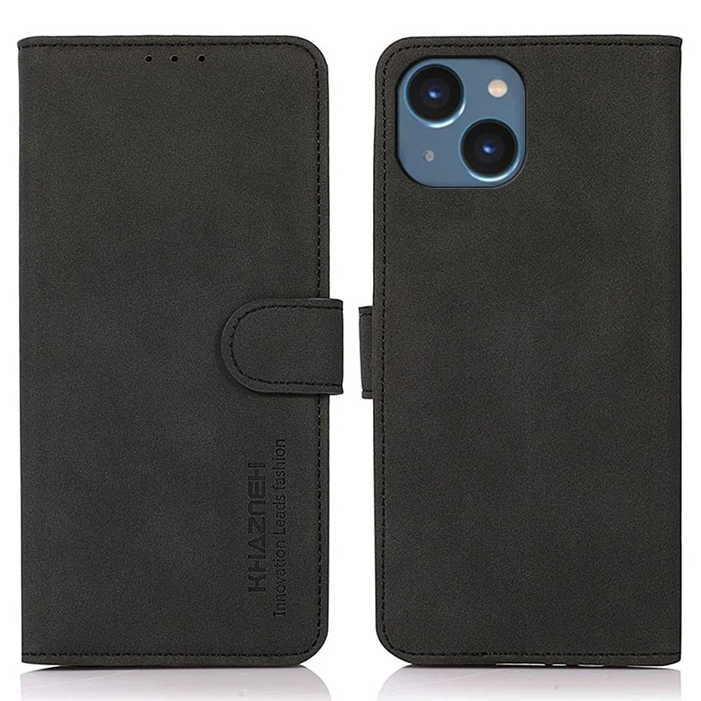 KHAZNEH For iPhone 15 Anti-Dust Phone Case Textured PU Leather Flip Wallet Stand Cover - Black - 1