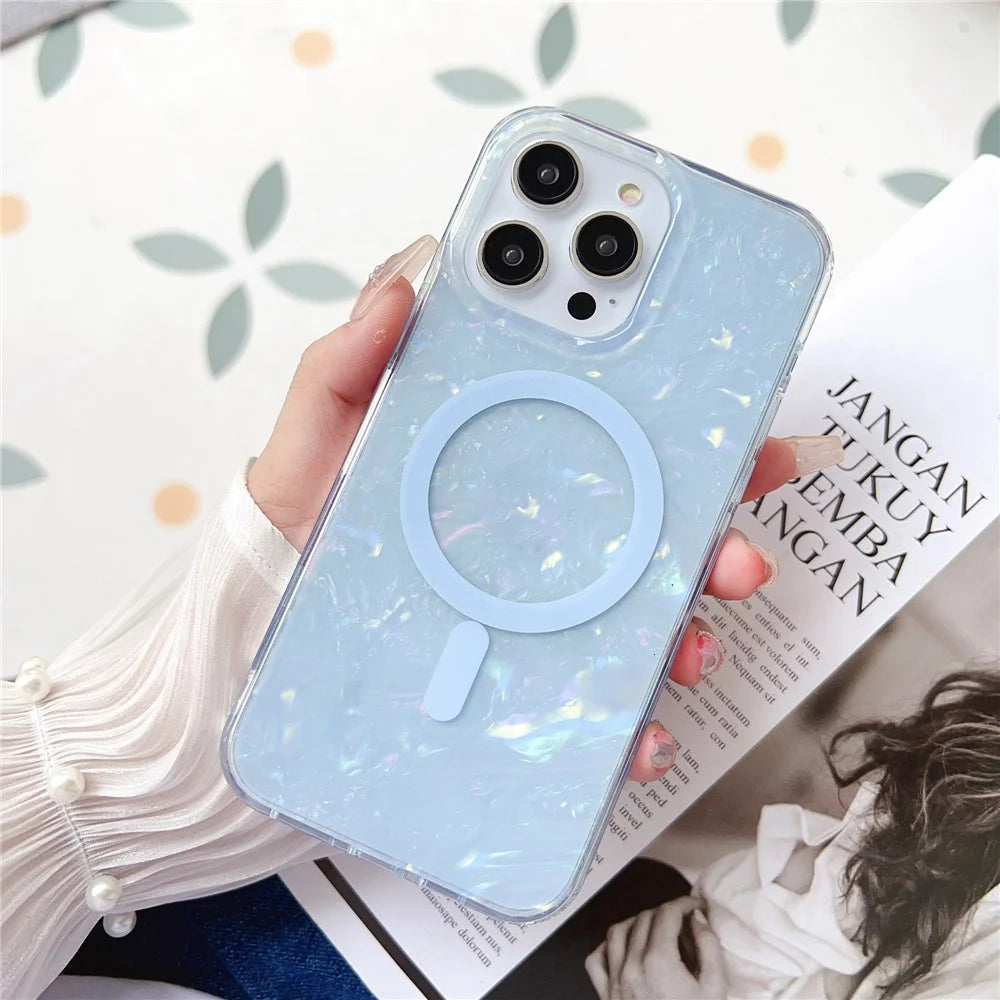 For iPhone 13 Pro Max 6.7 inch Shell Pattern IMD Case TPU + PC Phone Cover Compatible with MagSafe - Baby Blue - 2