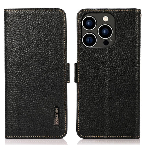 KHAZNEH For iPhone 15 Pro RFID Blocking Phone Case Stand Wallet Genuine Cow Leather Phone Cover - Black - 1