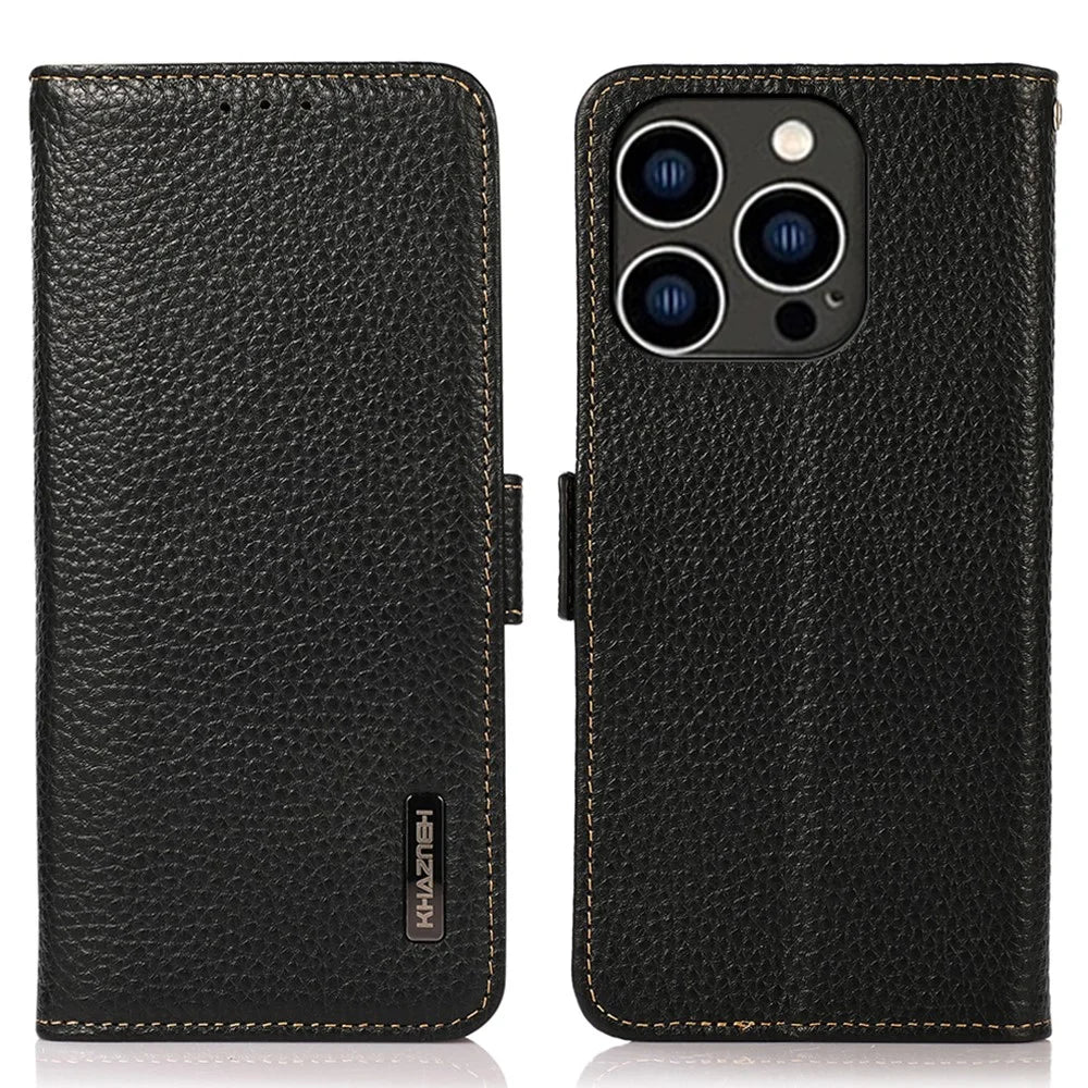 KHAZNEH For iPhone 15 Pro RFID Blocking Phone Case Stand Wallet Genuine Cow Leather Phone Cover - Black - 1